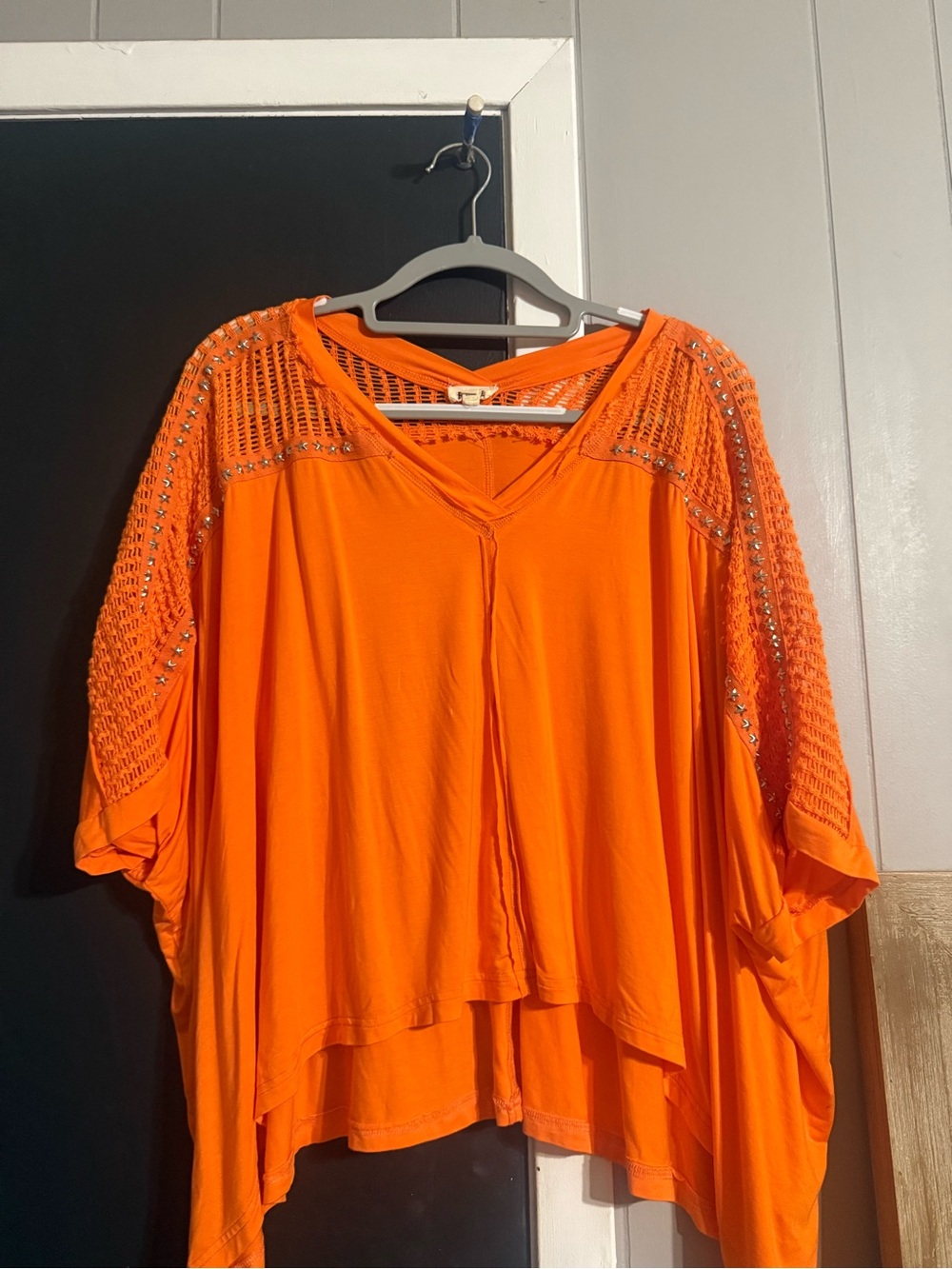POL Orange Crochet-Shoulder V-Neck Tunic